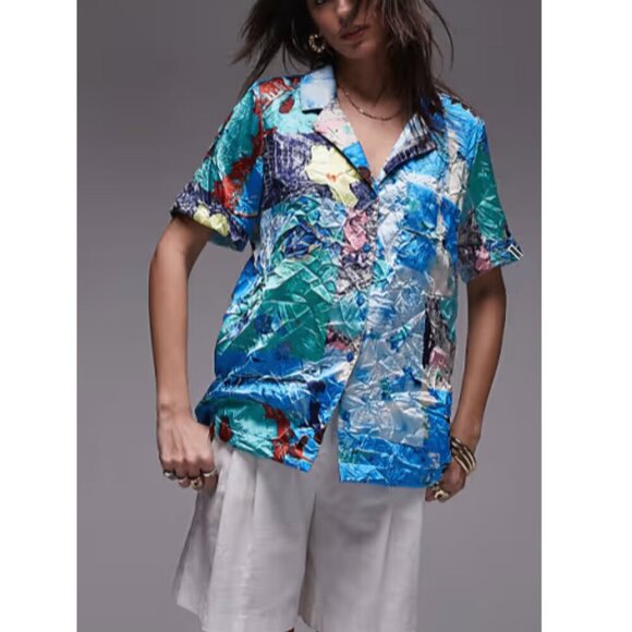 Topshop Shirt Women's Size 8 Multicolor Button-Up  Oversize Resort Print - Picture 1 of 8
